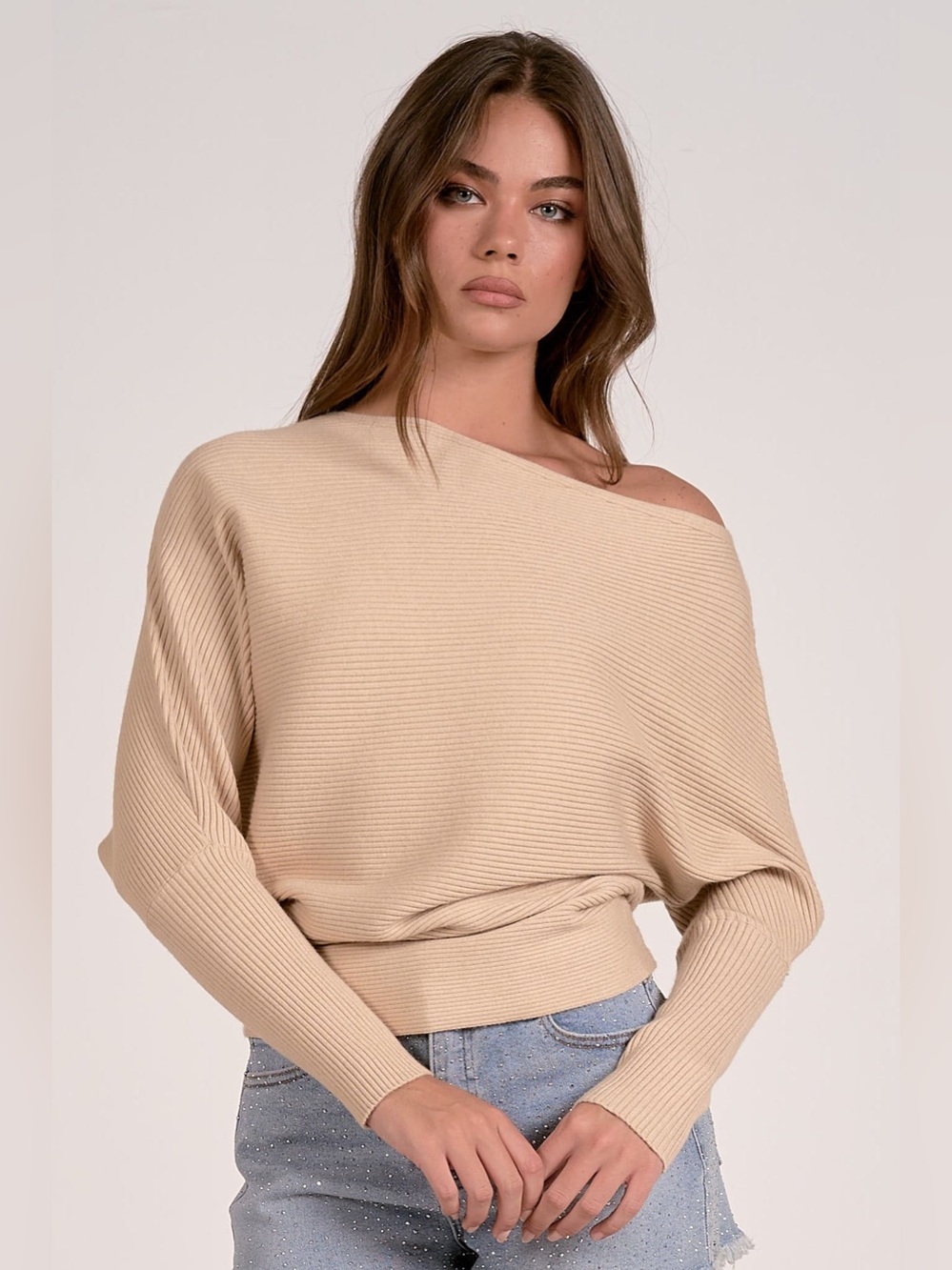 Off Shoulder Ribbed Dolman Sweater Top in Sand NWT